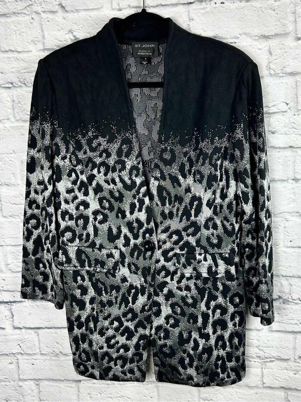 St. John Nordstrom Women’s 10 Black Gray Leopard Knit Long Blazer Jacket